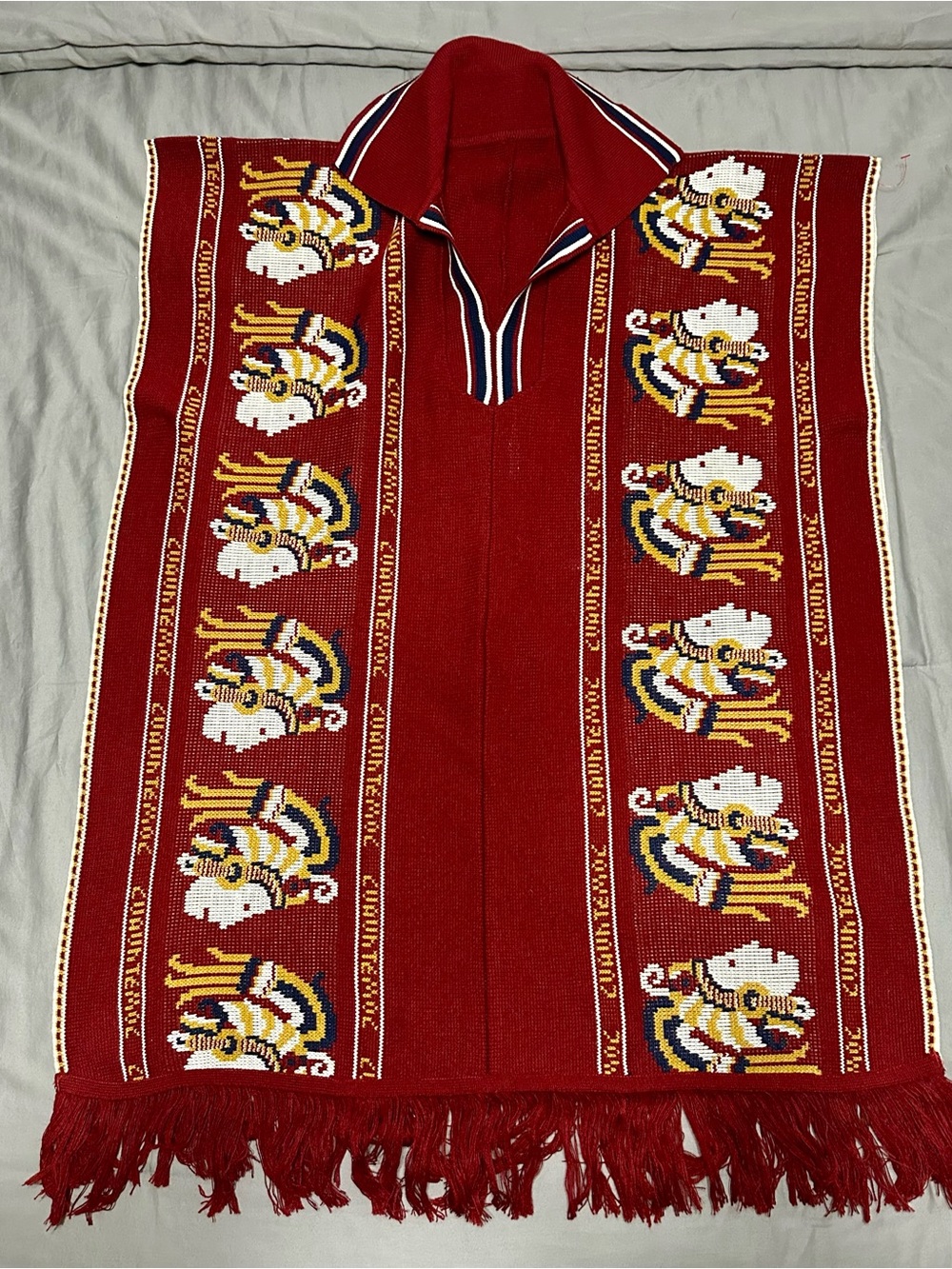 Cuauhtemoc Mexican Poncho Aztec Ruler Woven Fringe Maroon